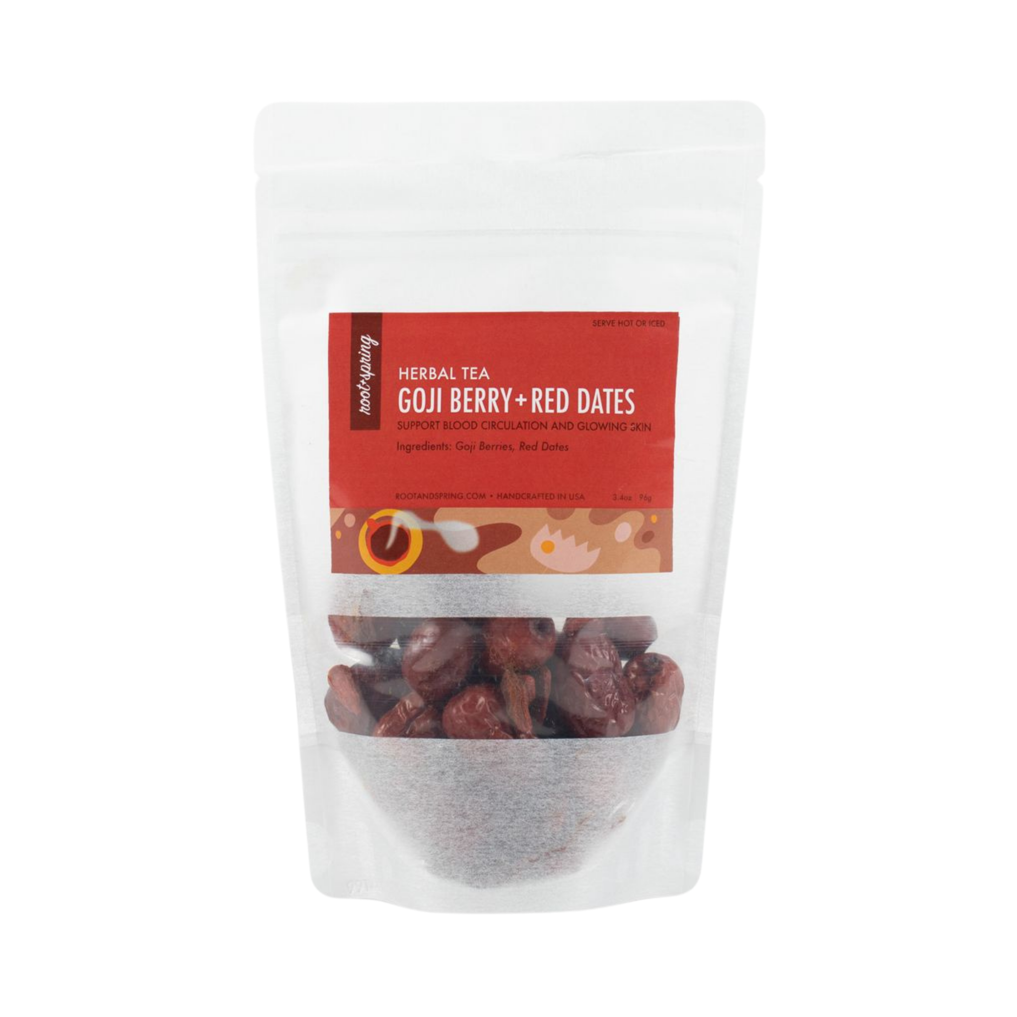 Image for packaging for root + spring's Goji Berries & Red Dates "Blood Revitalizer" Chinese Herbal Tea Mix.