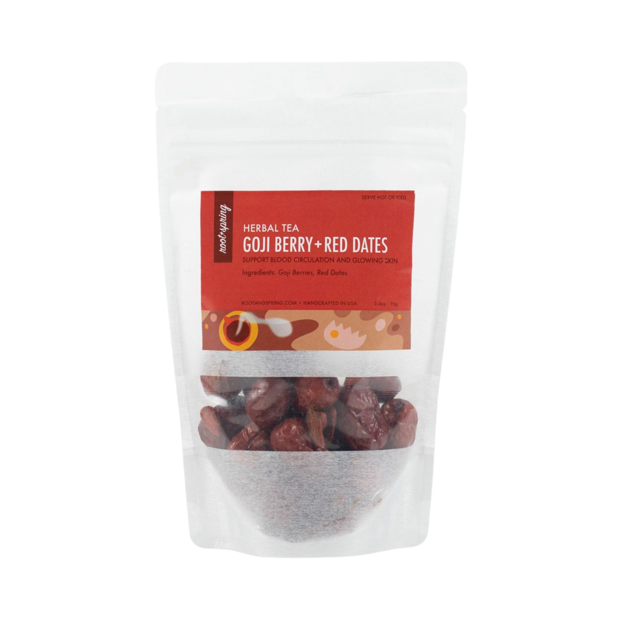 Image for packaging for root + spring's Goji Berries & Red Dates "Blood Revitalizer" Chinese Herbal Tea Mix.
