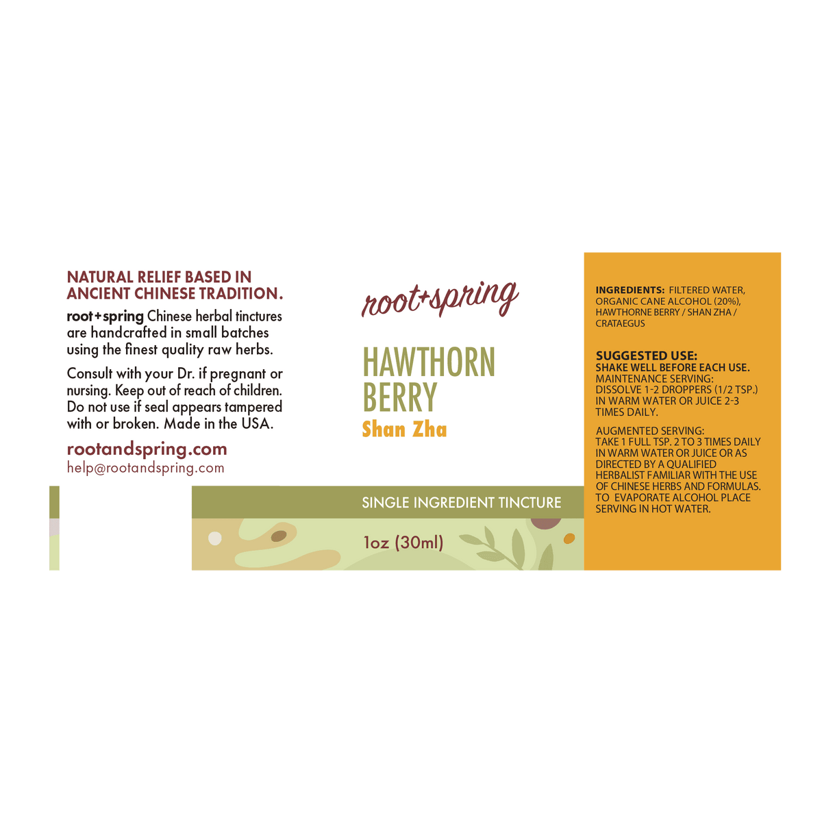 image of the label with ingredients, suggested use of Hawthorn Berry (Shan Zha Tang) | Herbal Tincture root+spring