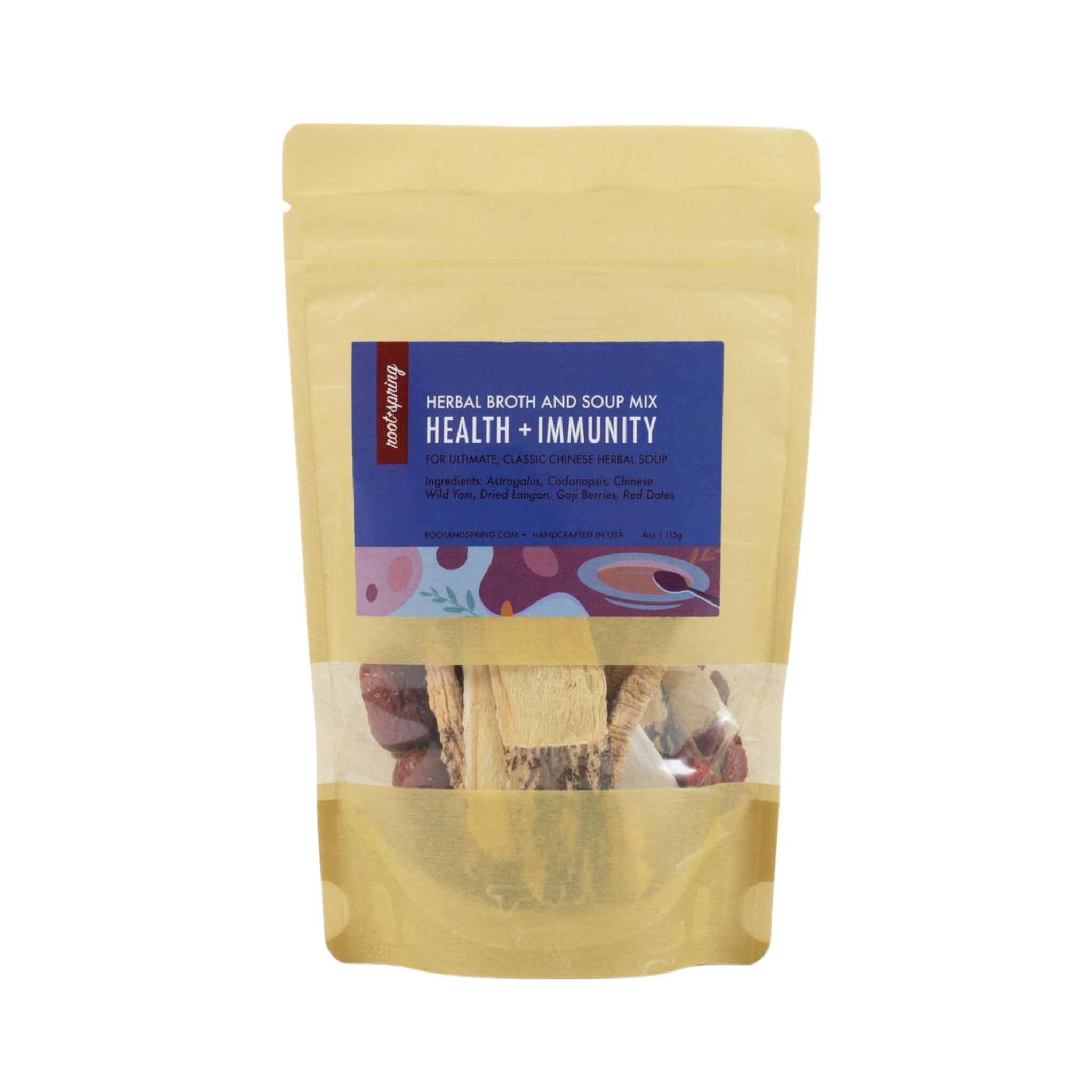 A stand-up pouch of Root+Spring Herbal Broth and Soup Mix Health + Immunity on a plain white background. 