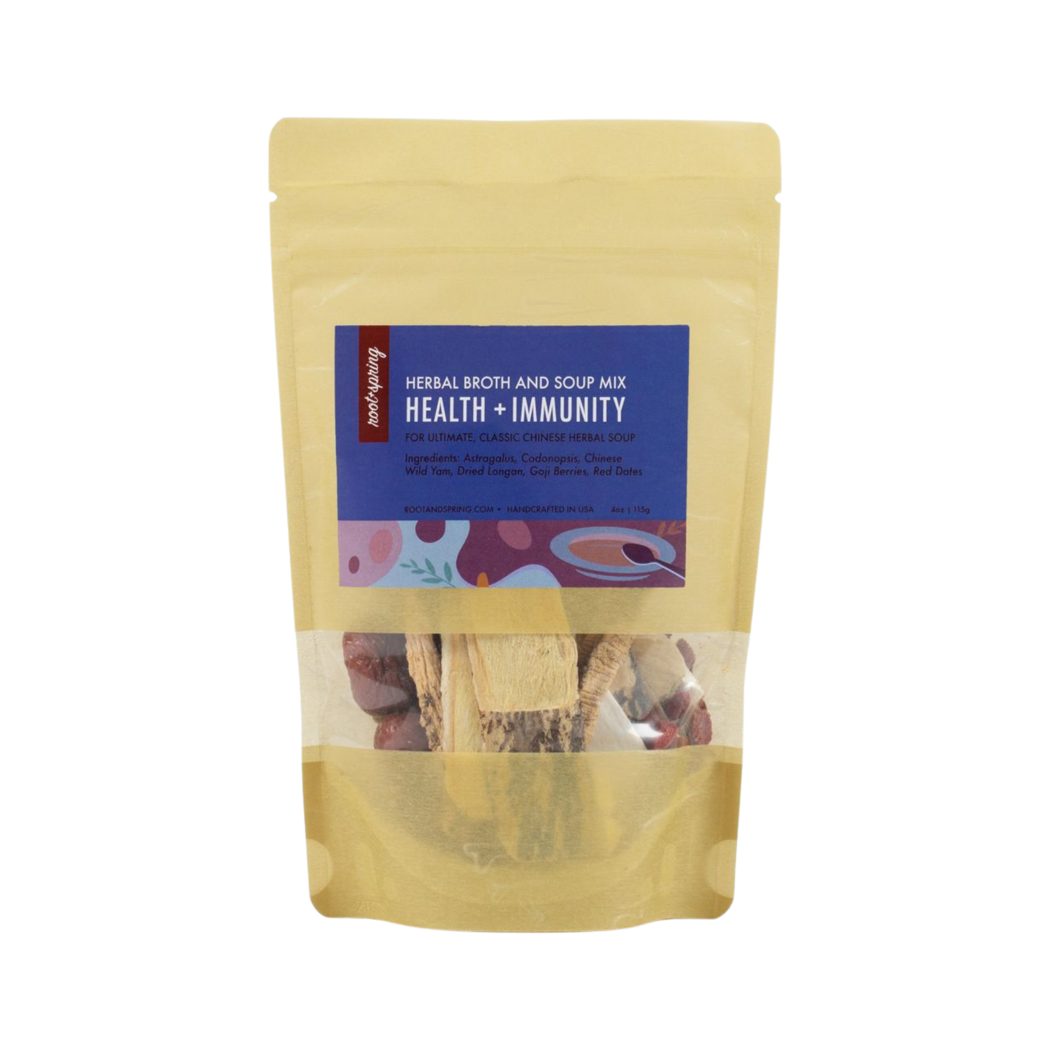 A stand-up pouch of Root+Spring Herbal Broth and Soup Mix Health + Immunity on a plain white background. 