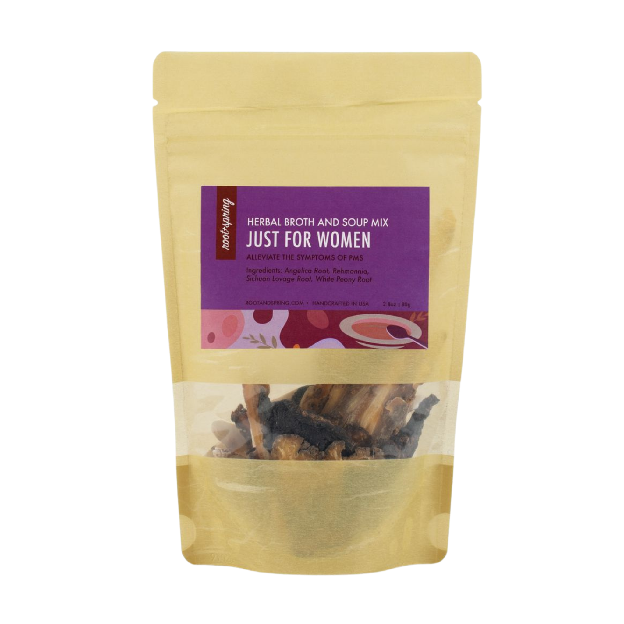 Image of packaging for root+ spring's Chinese herbal soup mix for women.