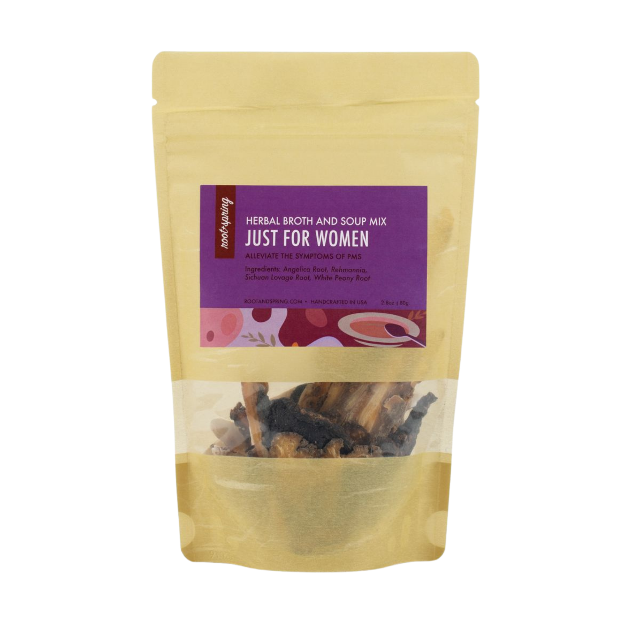 Image of packaging for root+ spring's Chinese herbal soup mix for women.