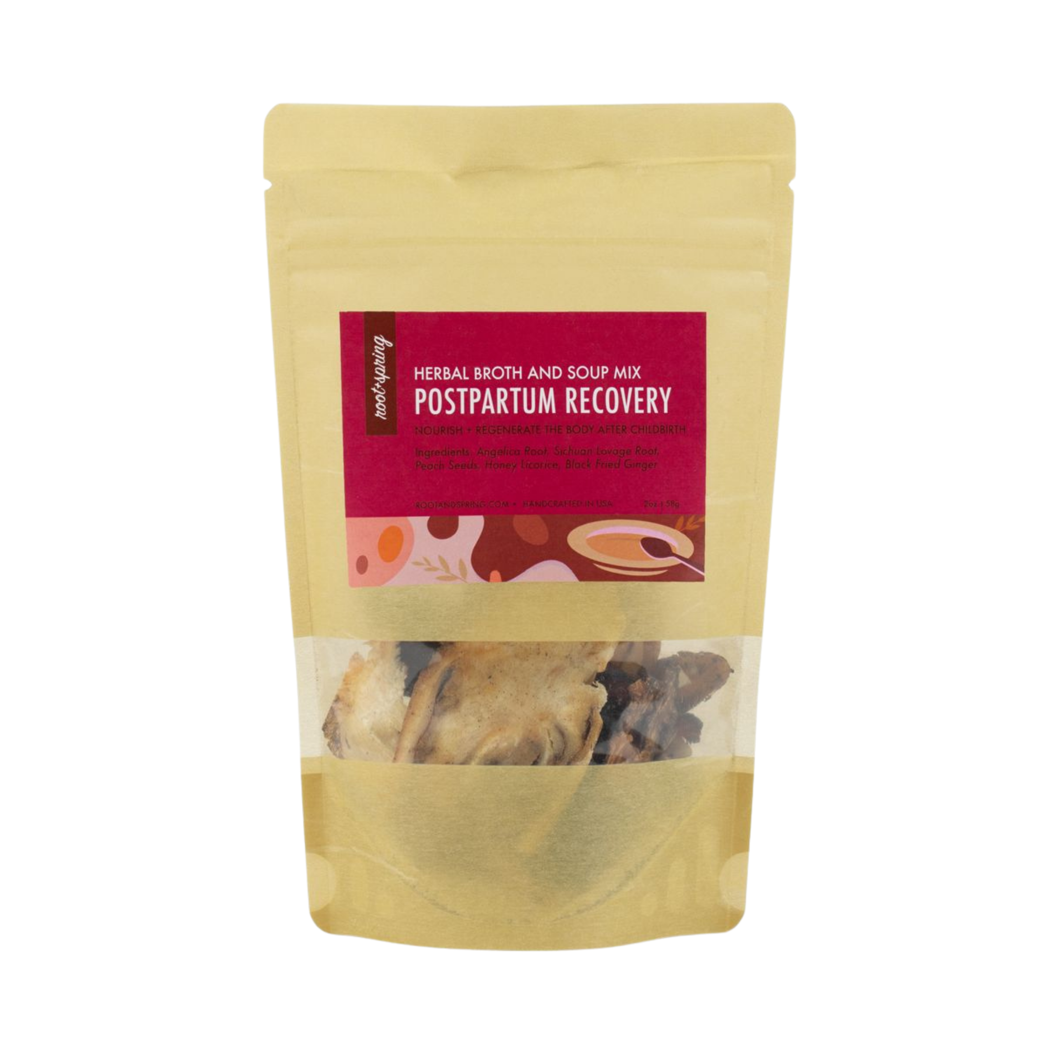 Image of packaging for root + spring's Chinse herbal broth and soup mix for postpartum recovery or Zio Yue Zi. 