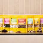 A lifestyle images of Prickly Ash, Dried Fox Nut, Hibiscus, Lily Bulb, Codonopsis, Candied Red Dates, Sichuan Lovage in pouches.