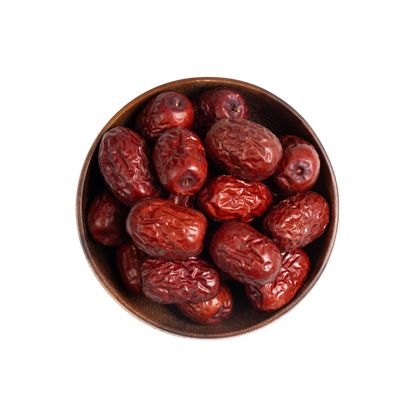Image for root + spring's premium raw herb red dates (jujube) or hong zao out of the bag.