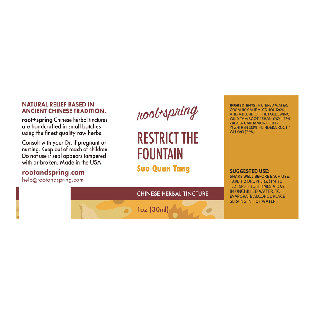 Image of a label of Restrict the Fountain or Suo Quan Tang by root + spring for urinary incontinence.