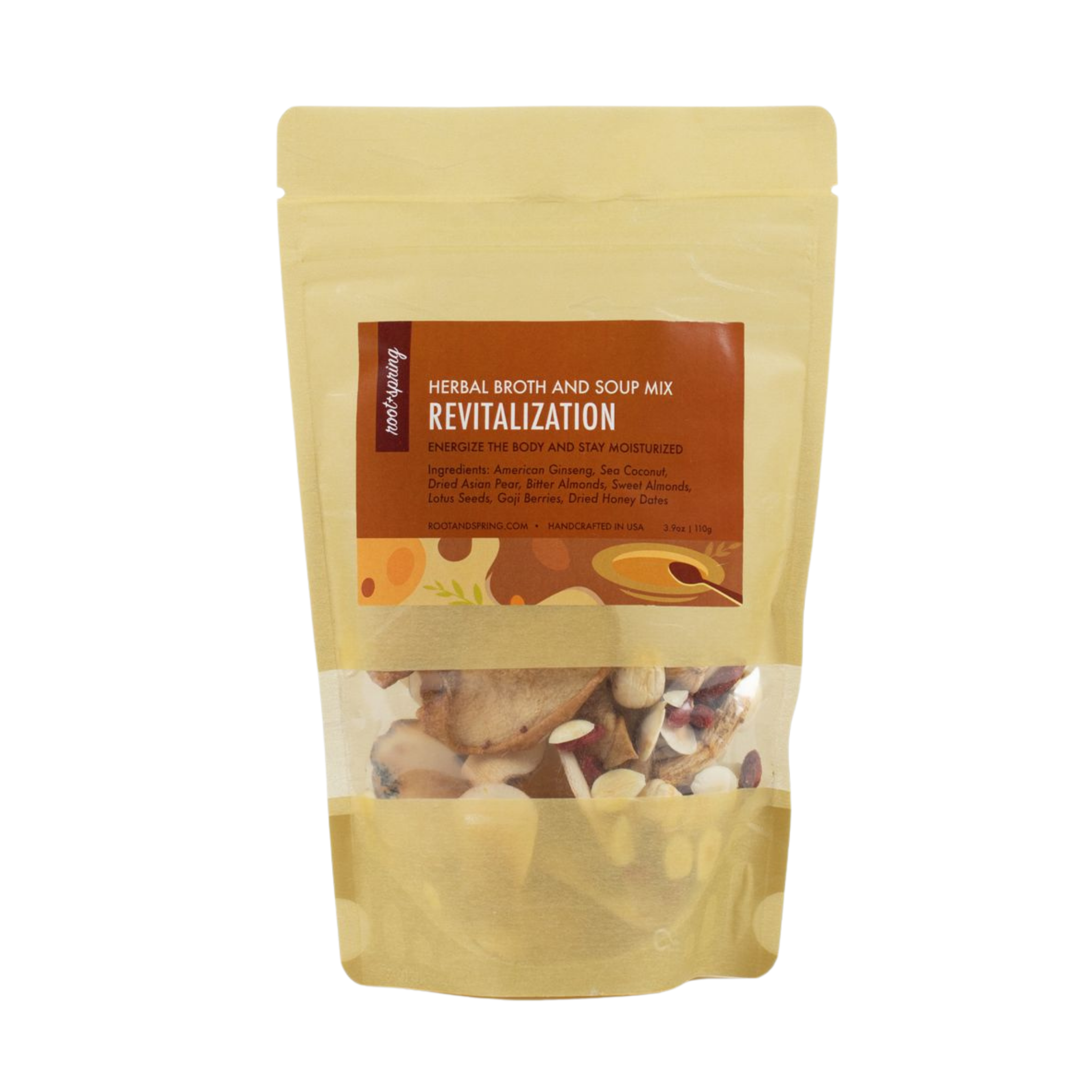Image of packaging for root + spring's Chinese herbal broth and soup mix for revitalization. 