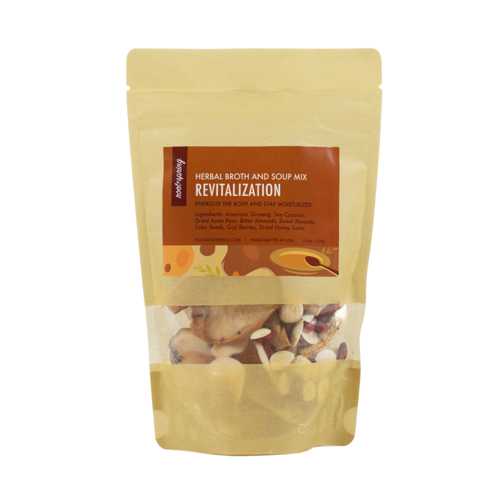 Image of packaging for root + spring's Chinese herbal broth and soup mix for revitalization. 