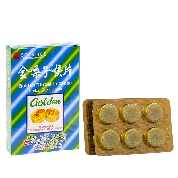 Blue and green striped box of Golden Throat Lozenges, distributed by Solstice Medicine. Pack of 12 lozenges. 