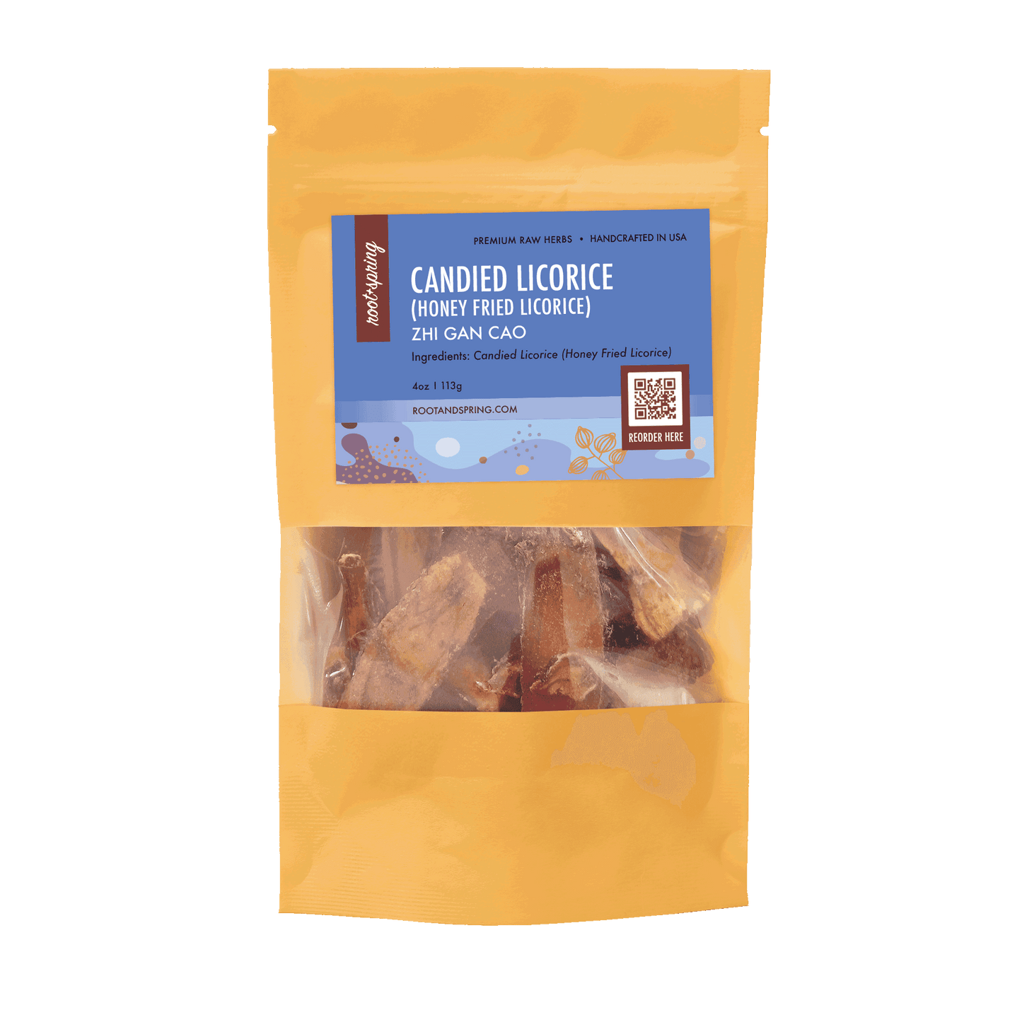 Image for root + spring's premium raw herb candied licorice (honey fried licorice) or zhi gan cao.