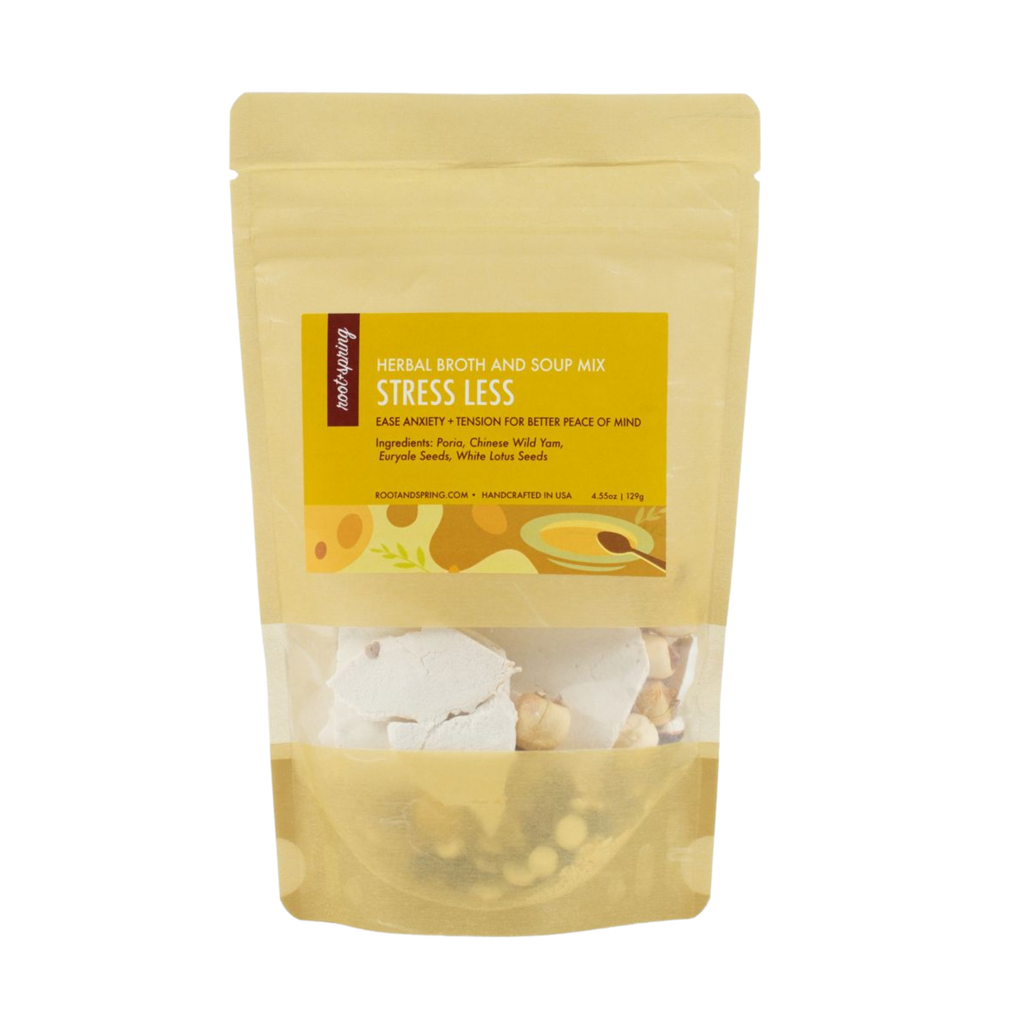 Image of root + spring's Chinese herbal broth and soup mix "stress less". 