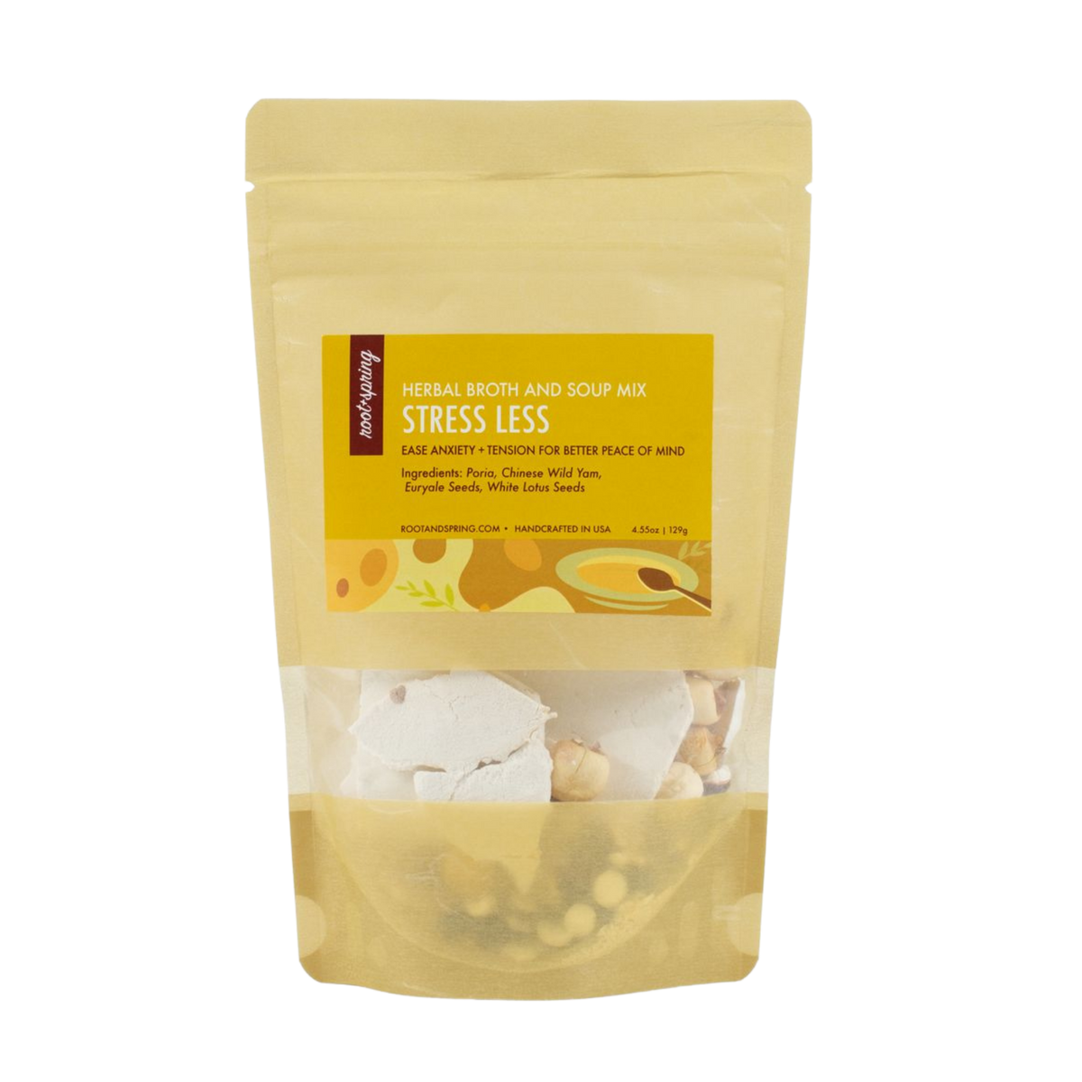Image of root + spring's Chinese herbal broth and soup mix "stress less". 