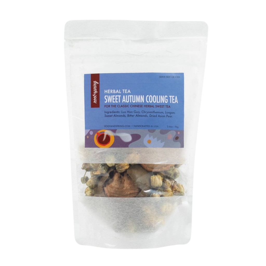 Image of packaging for root + spring's Sweet Autumn Cooling (Liang Cha) Chinese Herbal Tea Mix .