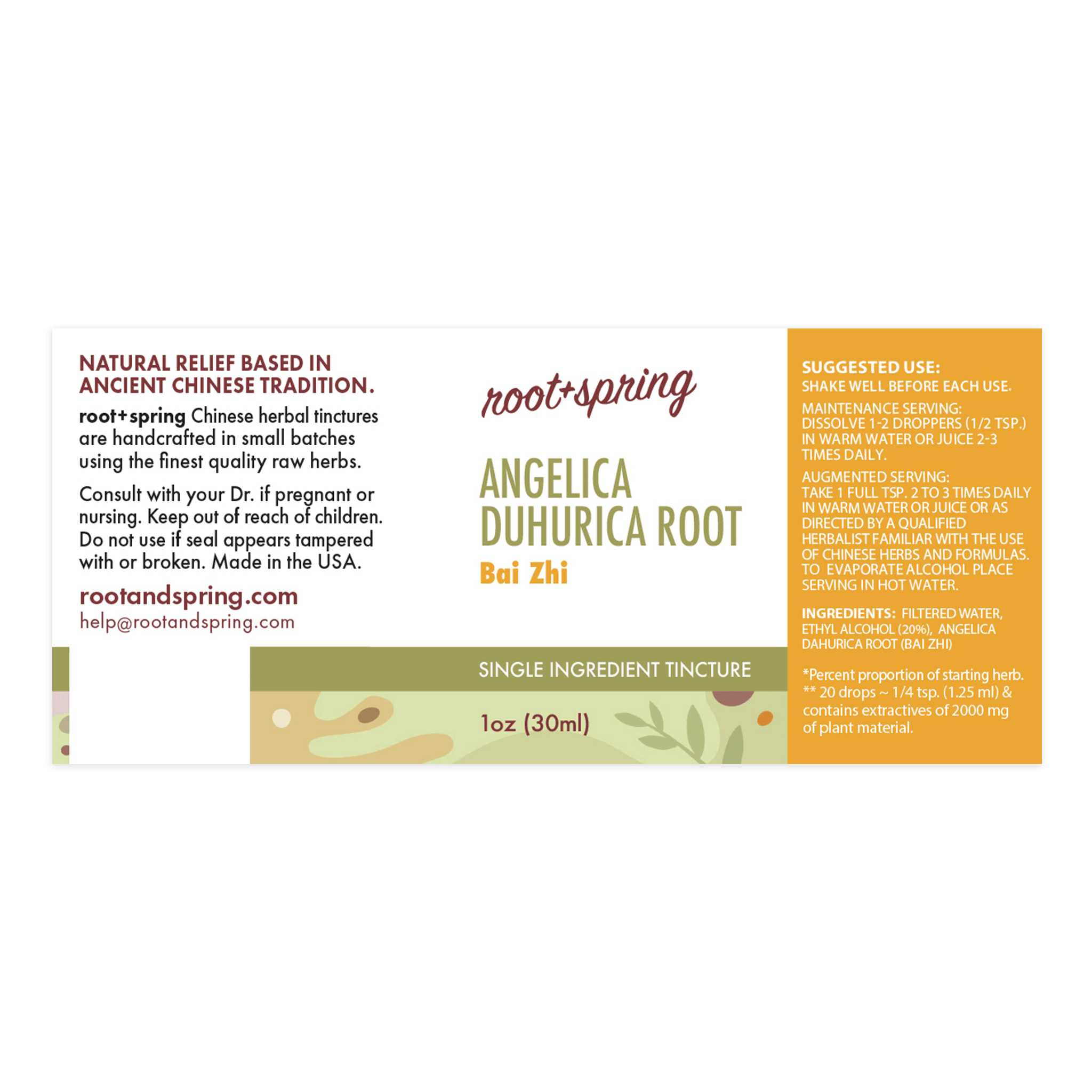 Label for Angelica Duhurica Root, or Bai Zhi, herbal tincture by root + spring. 