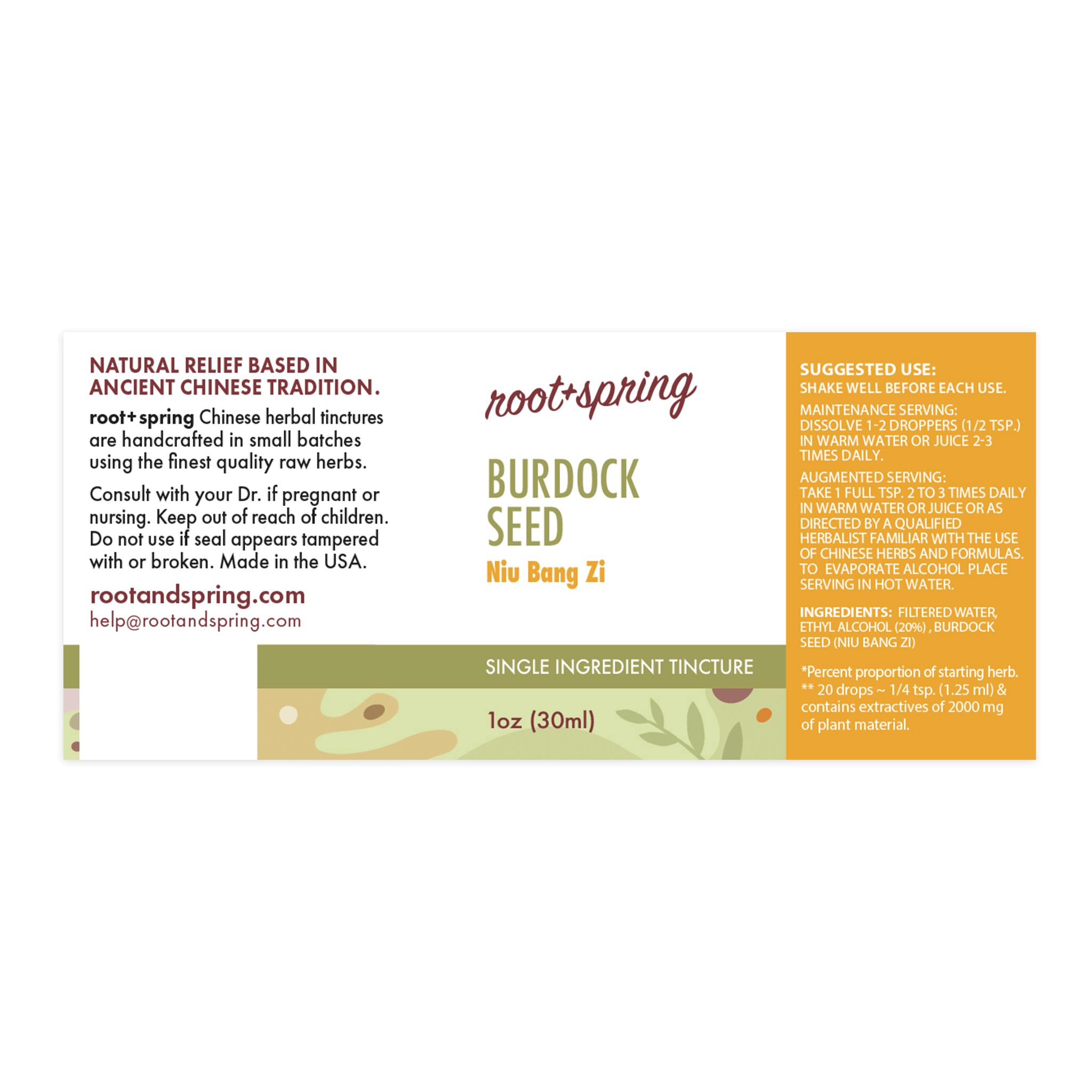 Label for Burdock Seed, or Niu Bang Zi, herbal tincture by root + spring. 