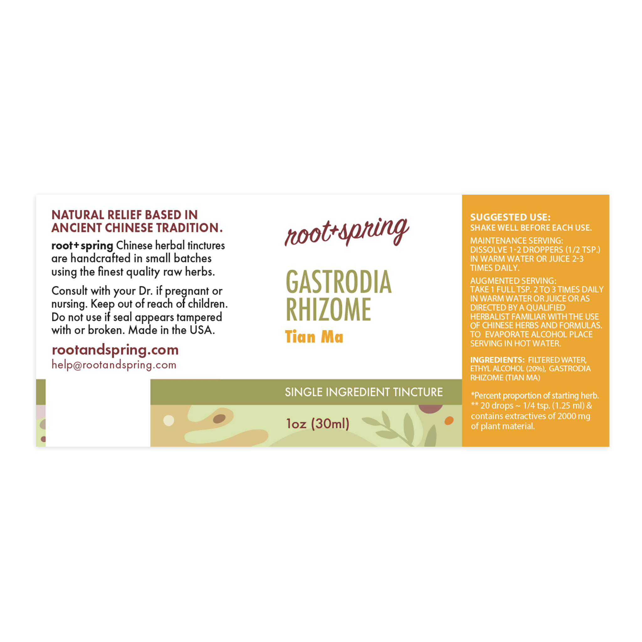 Label for Gastrodia Rhizome, or Tian Ma, Herbal Tincture by root + spring. 