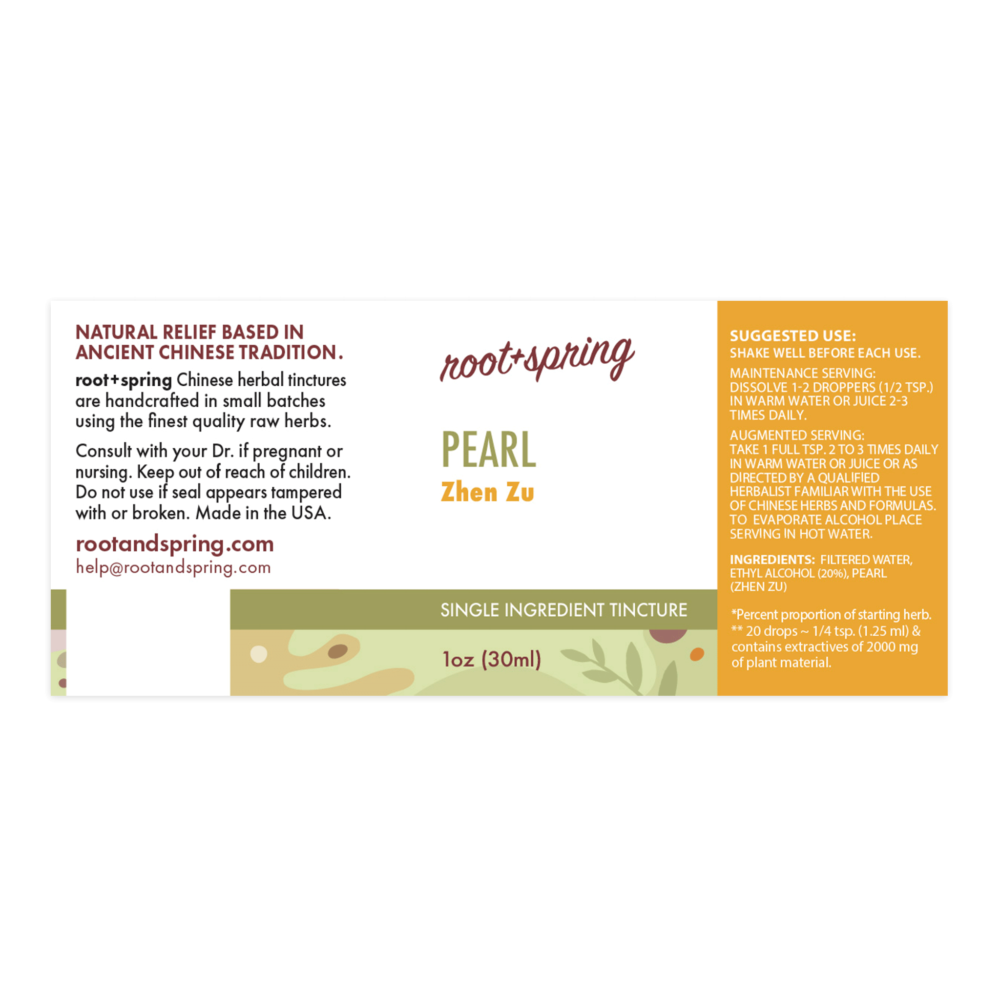Label for Pearl, or Zhen Zu, herbal tincture by root + spring. 