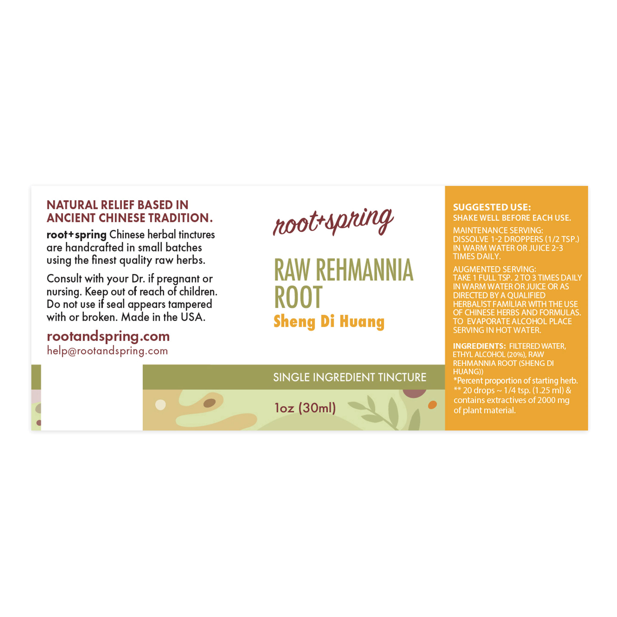 Label for Raw Rehmannia Root, or Sheng Di Huang, herbal tincture by root + spring. 