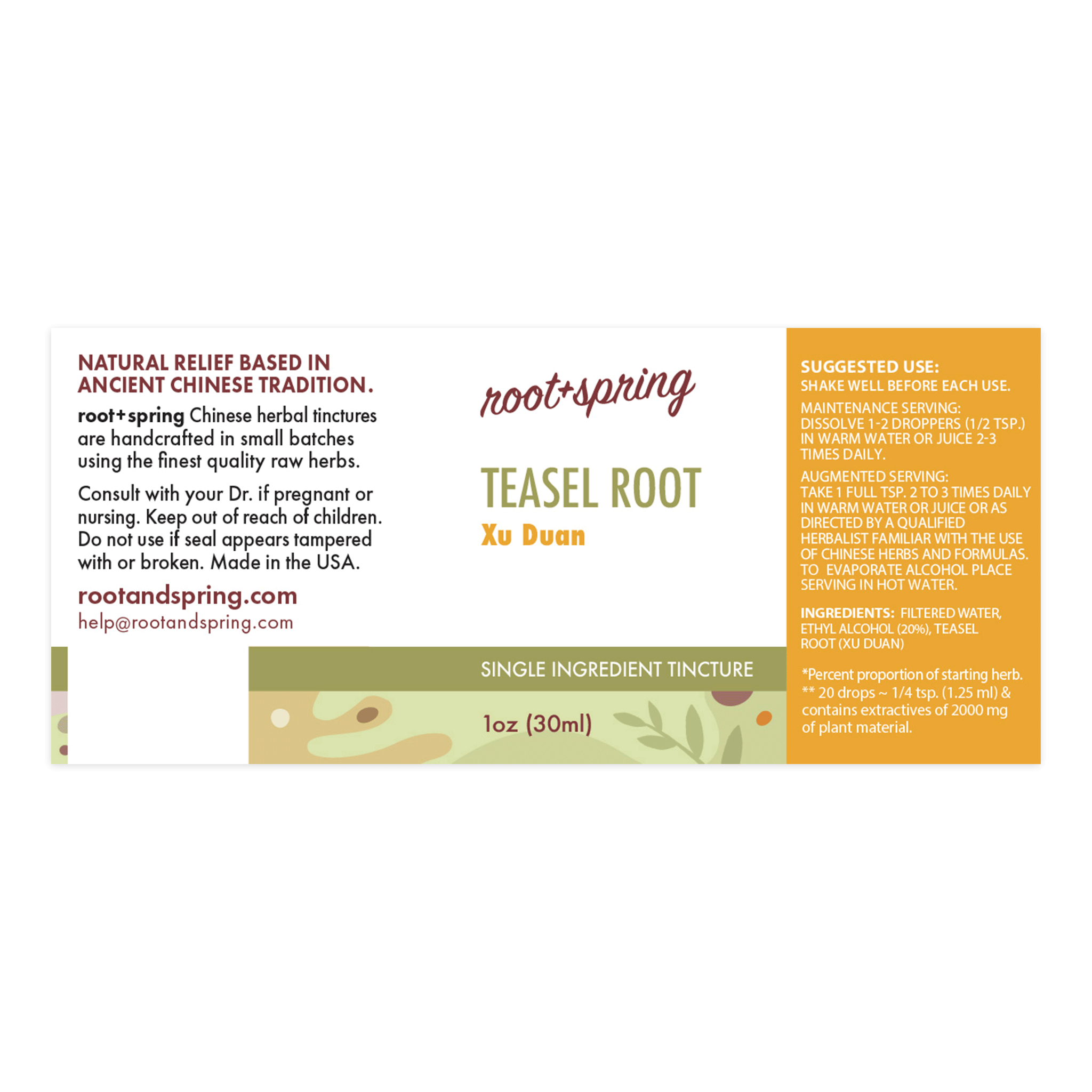Label for Teasel Root, or Xu Duan, herbal tincture by root + spring. 