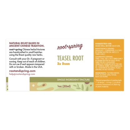 Label for Teasel Root, or Xu Duan, herbal tincture by root + spring. 