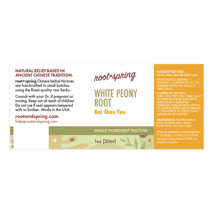 Label for White Peony Root, or Bai Shao Yao, herbal tincture by root + spring. 