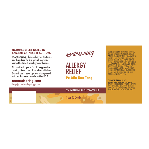 Label for Allergy Relief (Pe Min Kan Tang) by root + spring.