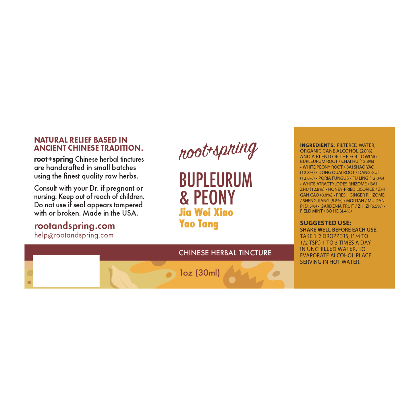 Label for Bupleurum & Peony (Jia Wei Xiao Yao Tang) Herbal Tincture by root + spring