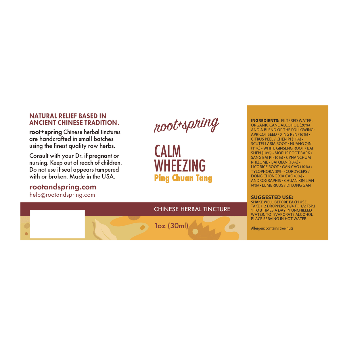 label of Calm Wheezing Tincture by Root+Spring