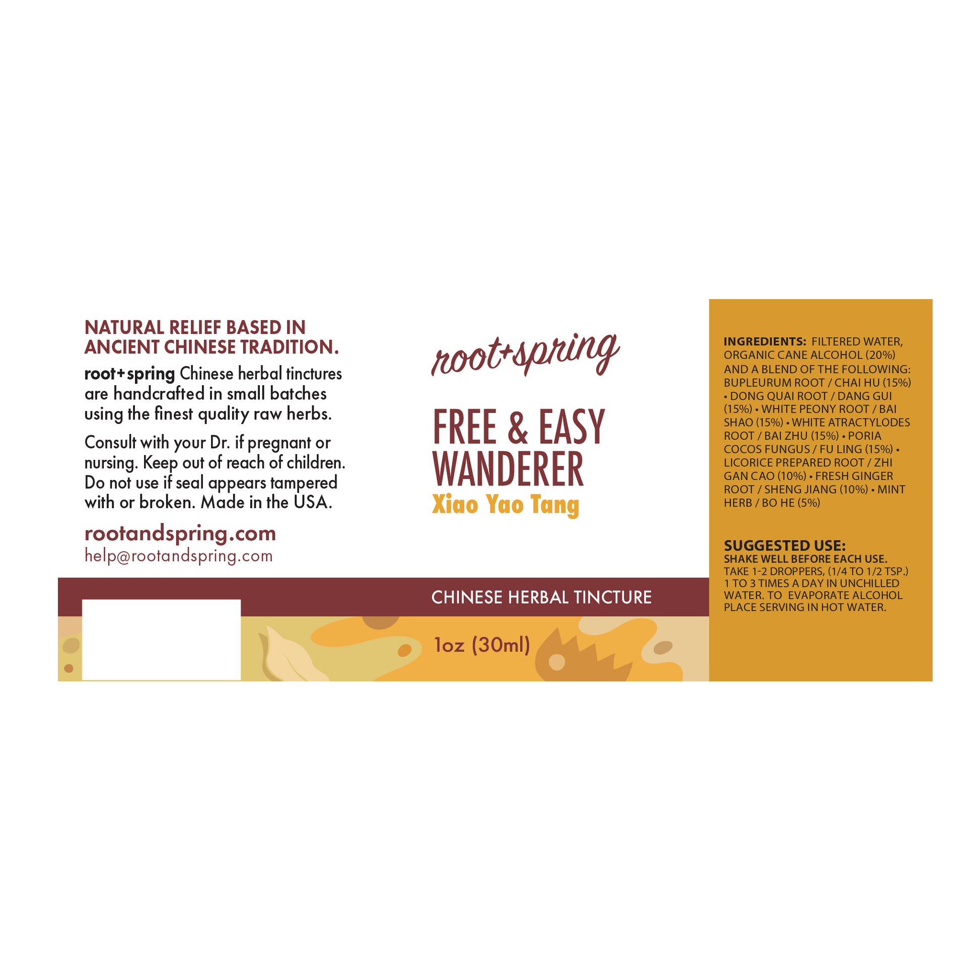 Label with Ingredients, Suggested Use, and Precautions for root + spring Free and Easy Wanderer Xiao Yao Tang Chinese herbal tincture.