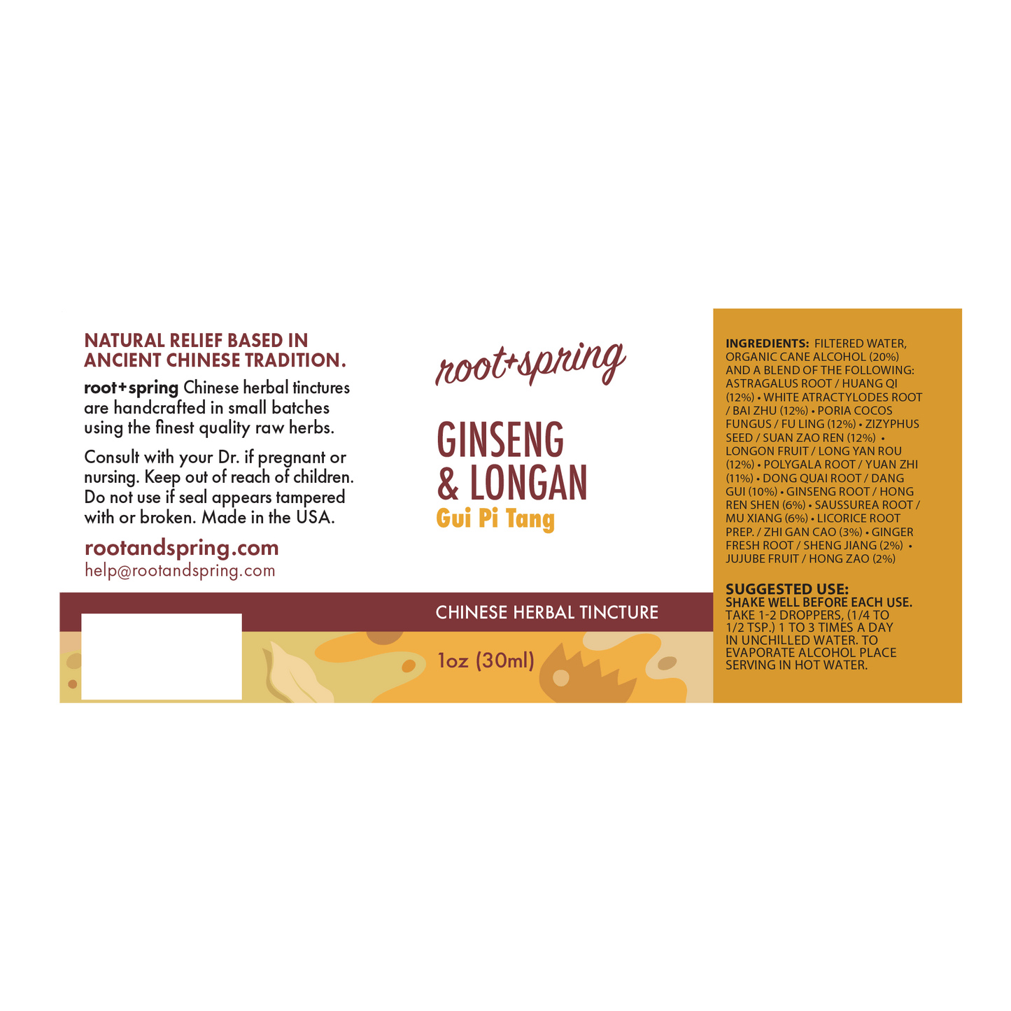 Label with Ingredients, Suggested Use, and Precautions for root + spring Ginseng and Longan Gui Pi Tang Chinese herbal tincture.