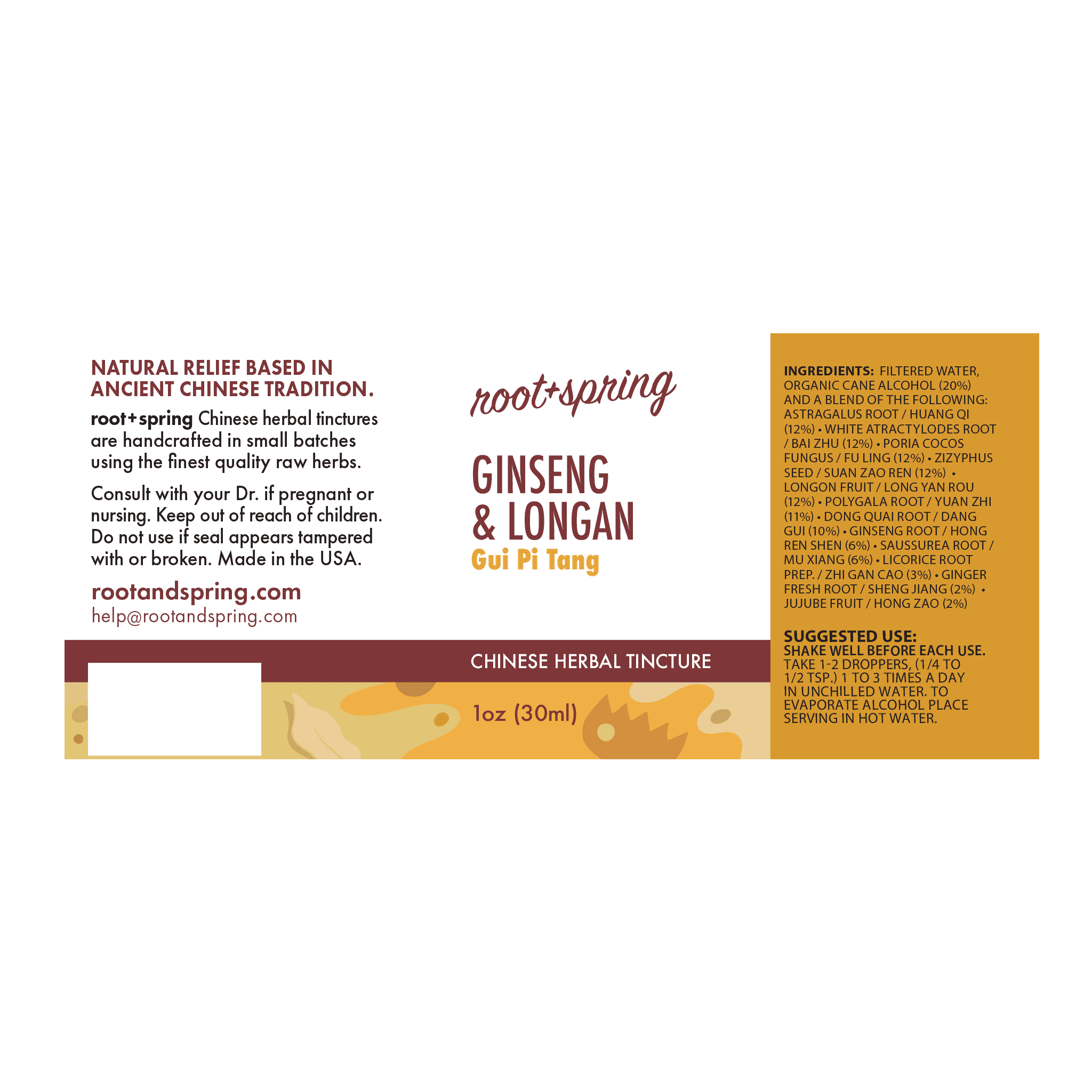 Label with Ingredients, Suggested Use, and Precautions for root + spring Ginseng and Longan Gui Pi Tang Chinese herbal tincture.