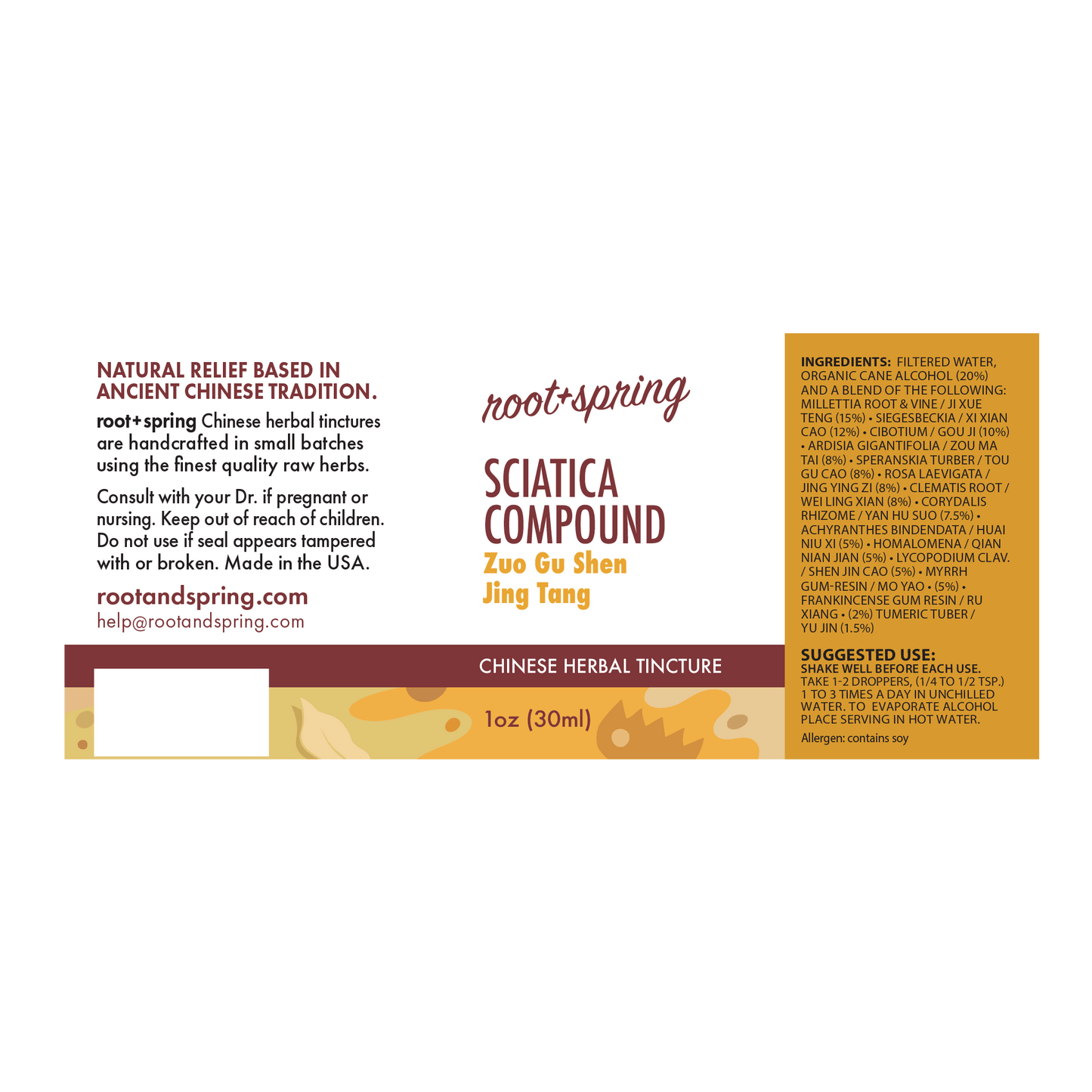 Label for Sciatica Compound (Zuo Gu Shen Jing Tang) - Herbal Tincture by root + spring