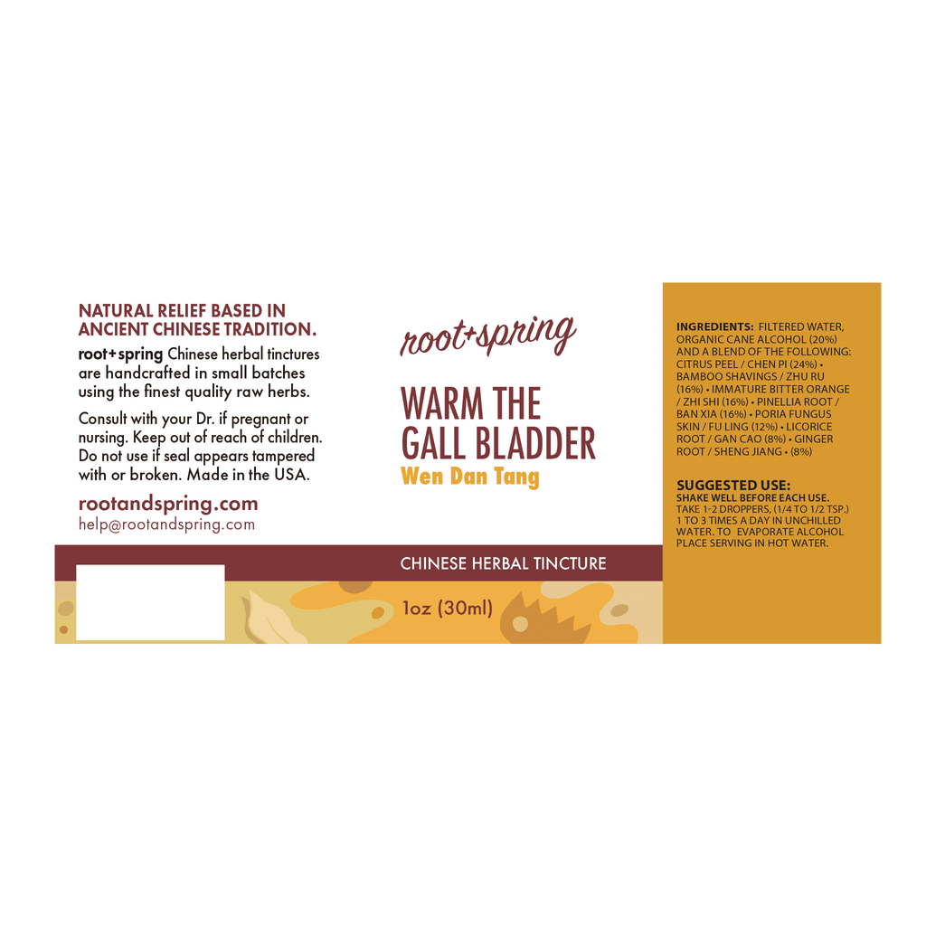 Label with Ingredients, Suggested Use, and Precautions for root + spring Warm the Gall Bladder Wen Dan Tang Chinese herbal tincture.