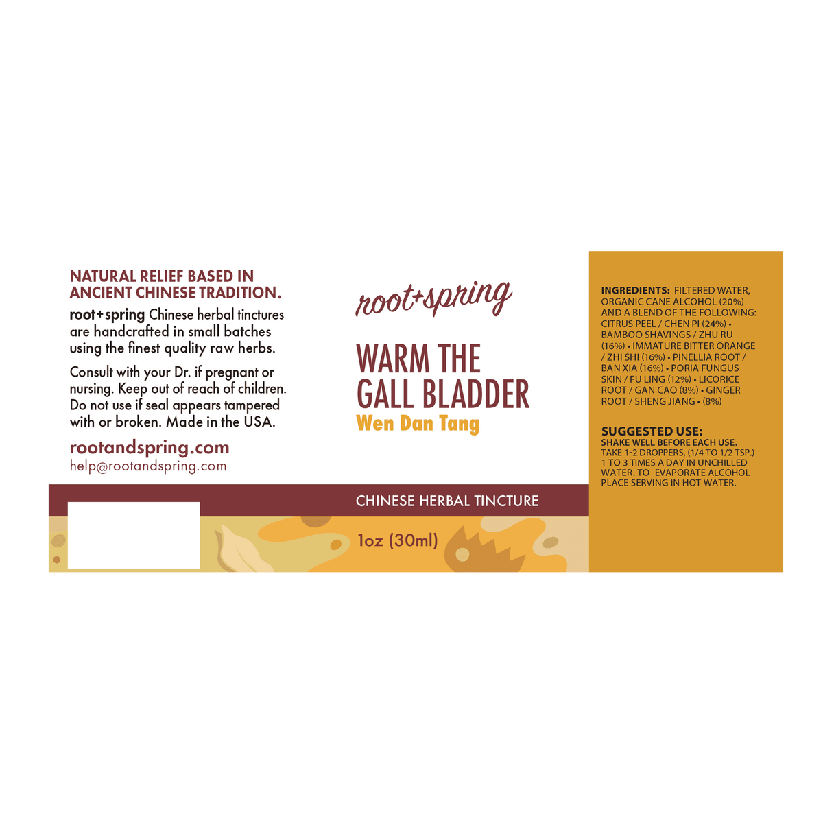 Label with Ingredients, Suggested Use, and Precautions for root + spring Warm the Gall Bladder Wen Dan Tang Chinese herbal tincture.