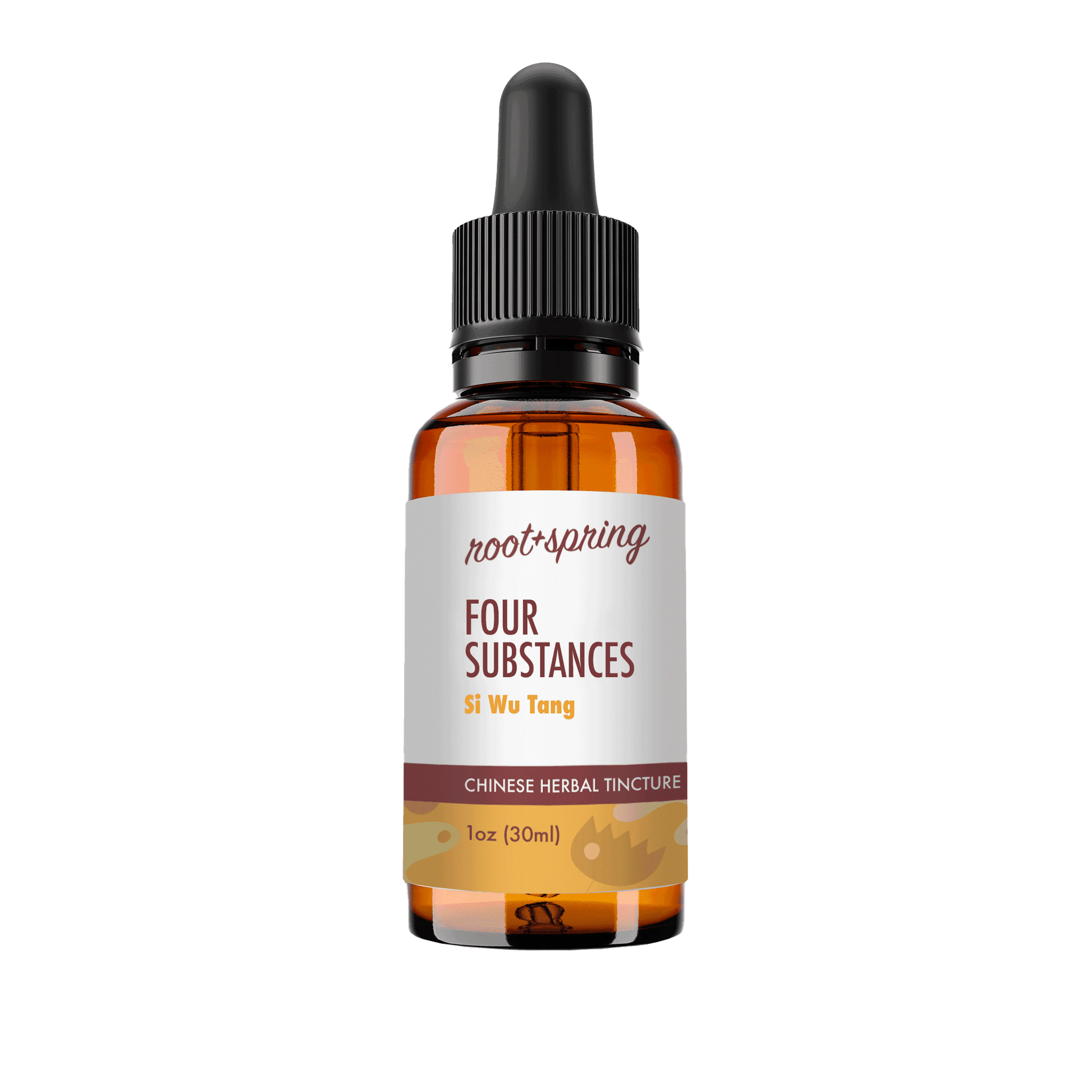 A 1 oz amber glass dropper bottle of Root-Spring Four Substances Si Wu Tong Chinese Herbal Tincture, featuring a white label with brown and orange text, and a black dropper cap, isolated on a white background.