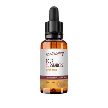 A 1 oz amber glass dropper bottle of Root-Spring Four Substances Si Wu Tong Chinese Herbal Tincture, featuring a white label with brown and orange text, and a black dropper cap, isolated on a white background.