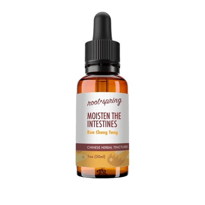 A 1 oz amber glass dropper bottle of Root+Spring Moisten the Intestines (Run Chong Tang) Chinese Herbal Tincture, featuring a white label with brown and yellow text, set against a plain white background.