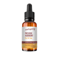 A 1 oz amber glass dropper bottle of Root+Spring Preserve Harmony Chinese Herbal Tincture, featuring a white label with brown and yellow text, and a black dropper cap, isolated on a white background.