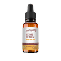 A 1 oz amber glass dropper bottle of Root+Spring Restore the Pulse Chinese Herbal Tincture, featuring a white label with brown and yellow text, and a black dropper cap, isolated on a white background.