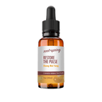 A 1 oz amber glass dropper bottle of Root+Spring Restore the Pulse Chinese Herbal Tincture, featuring a white label with brown and yellow text, and a black dropper cap, isolated on a white background.