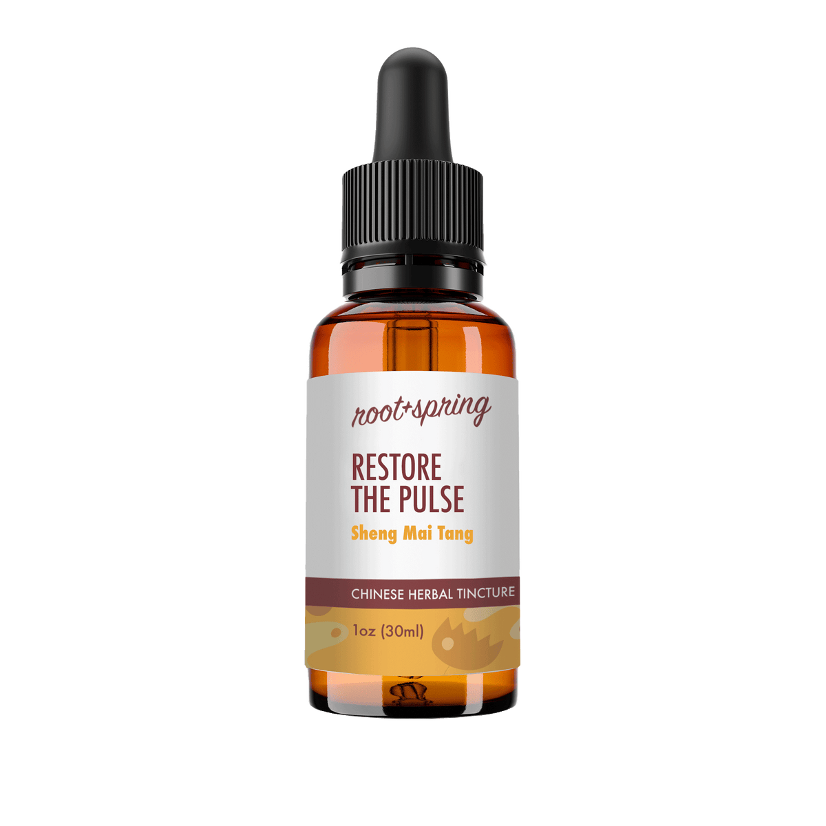 A 1 oz amber glass dropper bottle of Root+Spring Restore the Pulse Chinese Herbal Tincture, featuring a white label with brown and yellow text, and a black dropper cap, isolated on a white background.