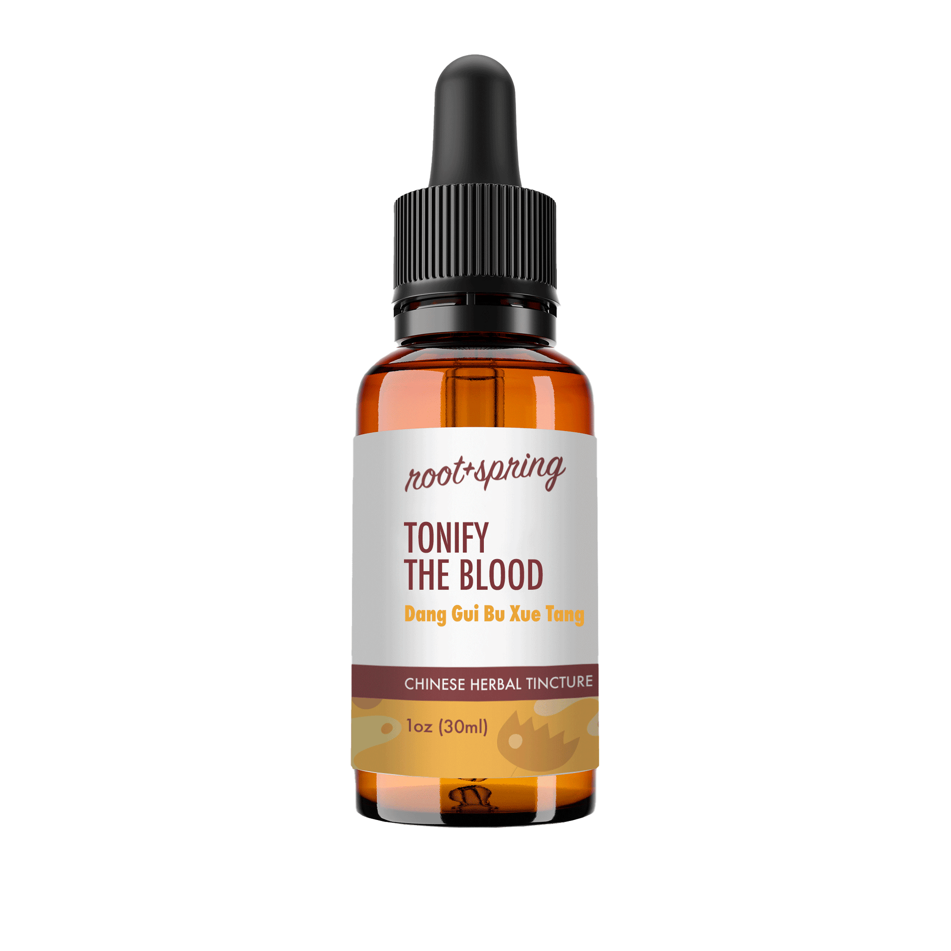 A 1 oz amber glass dropper bottle of Root+Spring Restore the Right You Gui Yin Tang Chinese Herbal Tincture, featuring a white label with brown and yellow text, and a black dropper cap, isolated on a white background.