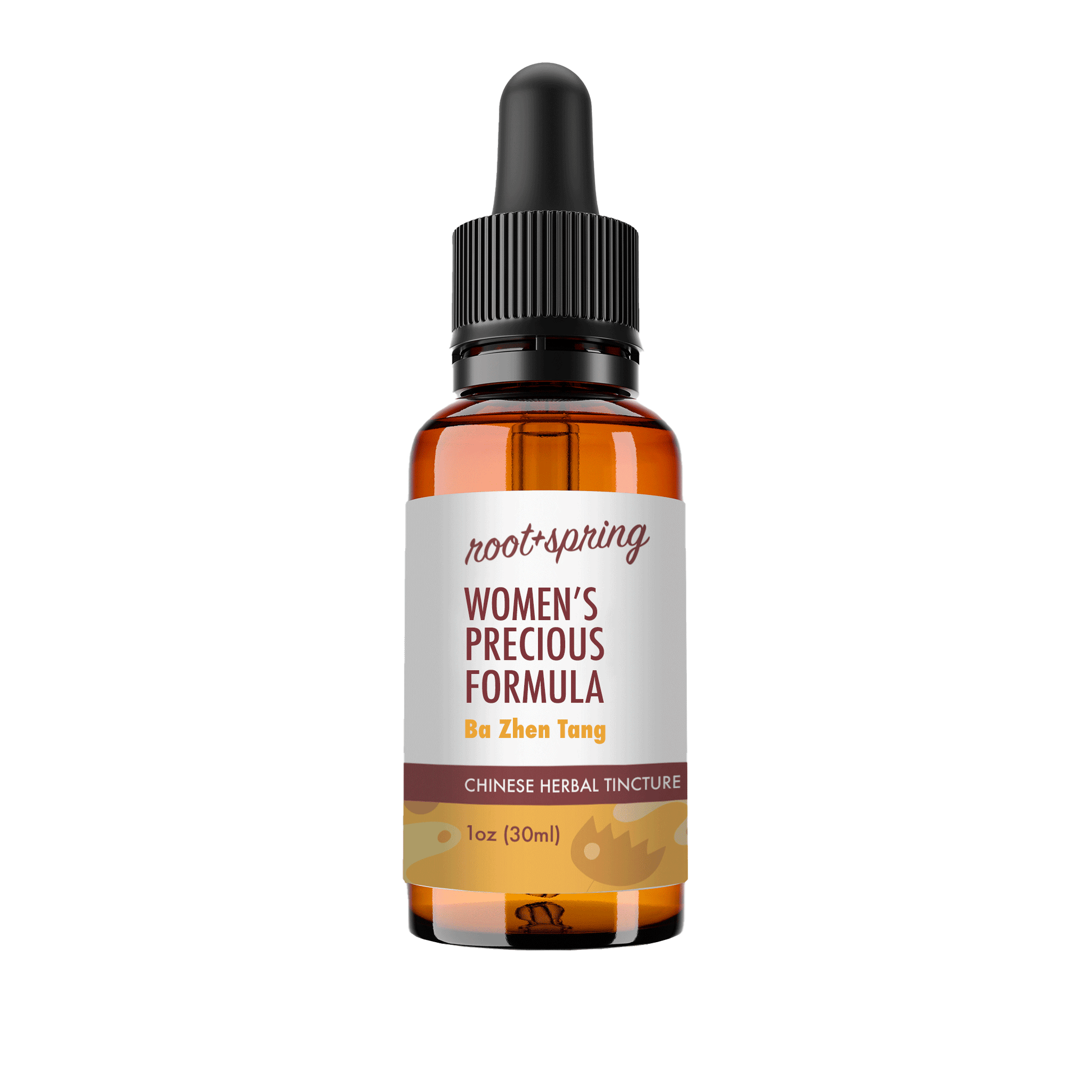 A 1 oz amber glass dropper bottle of Root+Spring Women's Precious Formula (Ba Zhen Tang) Chinese Herbal Tincture, featuring a white label with brown and yellow text, set against a plain white background.