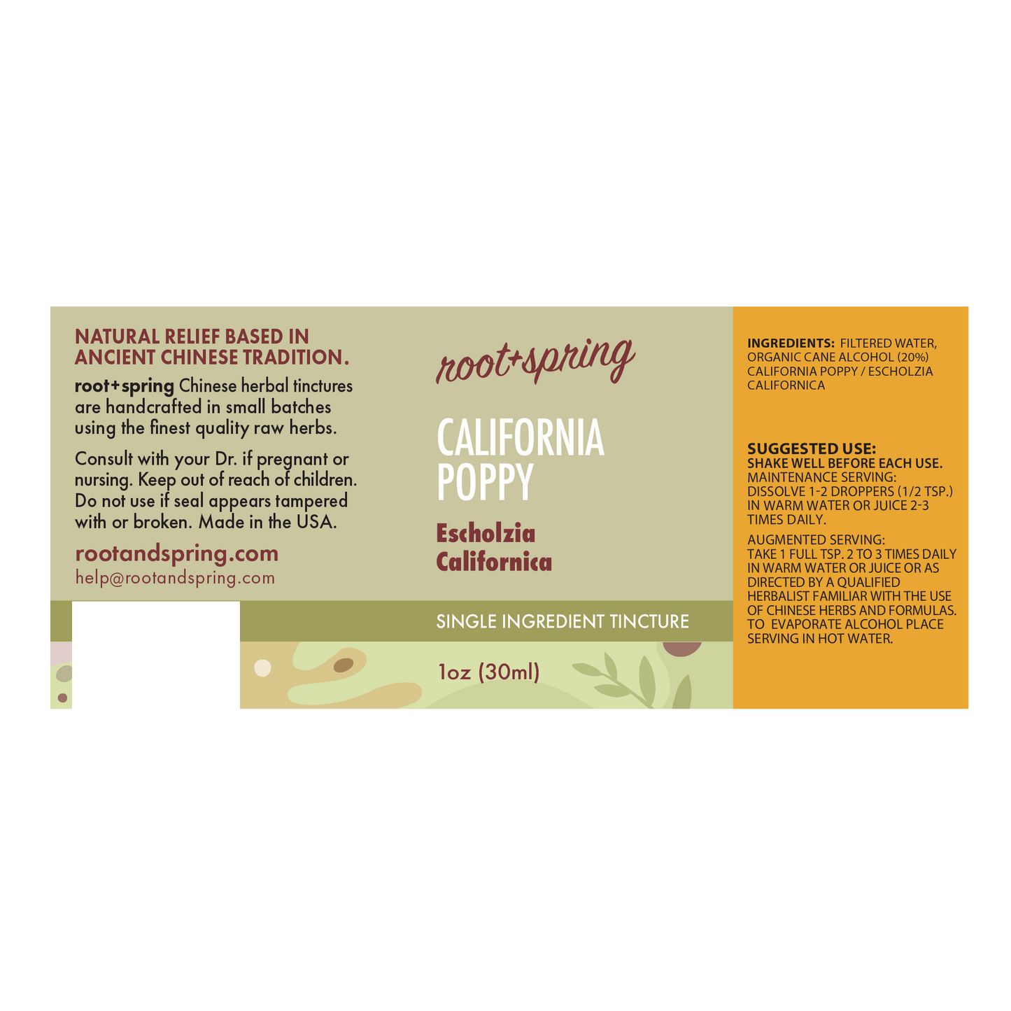 A single-ingredient tincture bottle label for Root+Spring California Poppy (Escholzia californica) herbal tincture, featuring a split design with a natural wood-grain background on the left and a warm orange background on the right, complete with product details, ingredients, and suggested use.