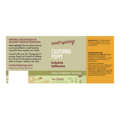 A single-ingredient tincture bottle label for Root+Spring California Poppy (Escholzia californica) herbal tincture, featuring a split design with a natural wood-grain background on the left and a warm orange background on the right, complete with product details, ingredients, and suggested use.