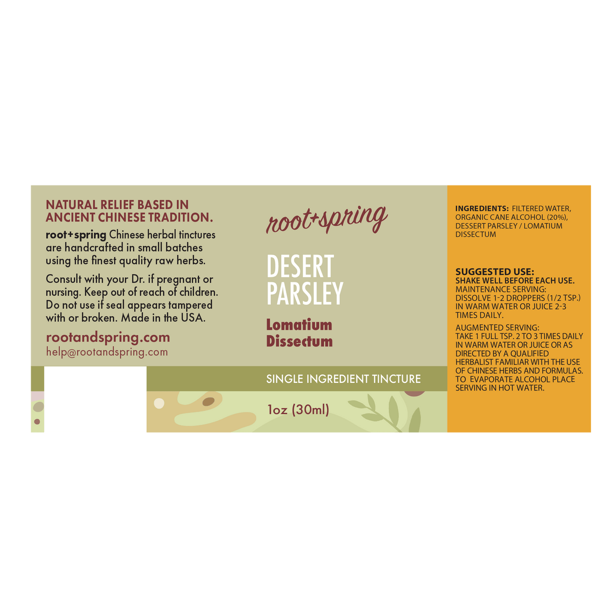 A rectangular tincture bottle label for Root+Spring Desert Parsley Lomatium Dissectum, featuring a warm tan and olive-green design with text detailing ingredients, suggested use, and dosage.