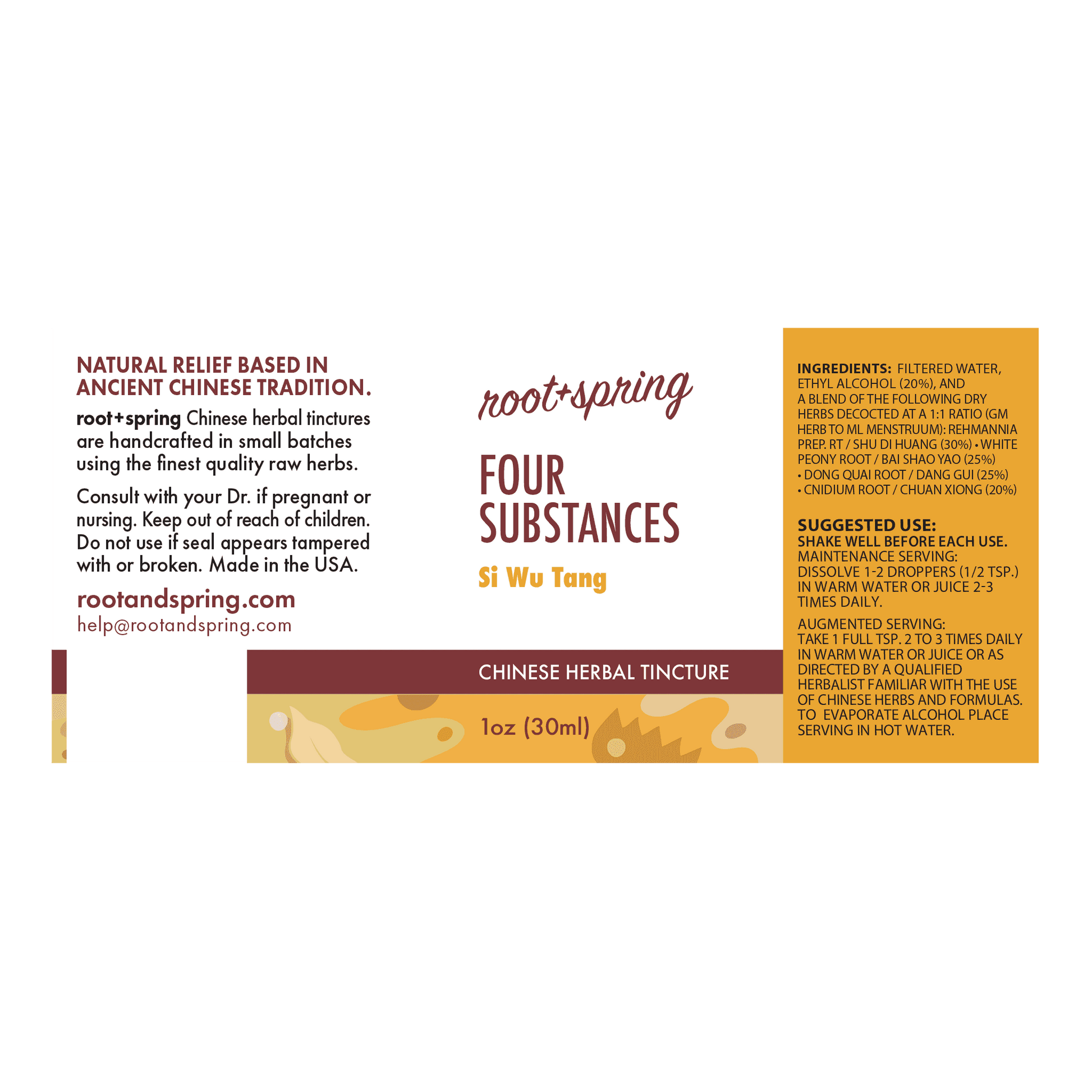 Front label of Root+Spring Four Substances Si Wu Tang herbal tincture, 1 oz (30ml), featuring product information, ingredients, suggested use, and a dark brown and orange color block design.
