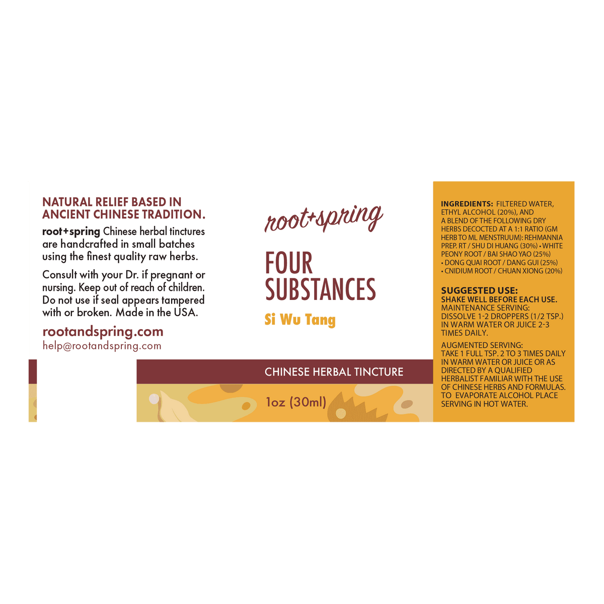 Front label of Root+Spring Four Substances Si Wu Tang herbal tincture, 1 oz (30ml), featuring product information, ingredients, suggested use, and a dark brown and orange color block design.