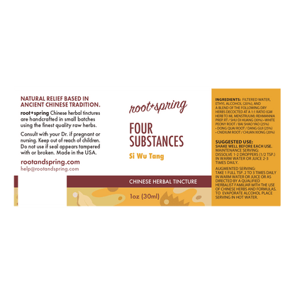 Front label of Root+Spring Four Substances Si Wu Tang herbal tincture, 1 oz (30ml), featuring product information, ingredients, suggested use, and a dark brown and orange color block design.